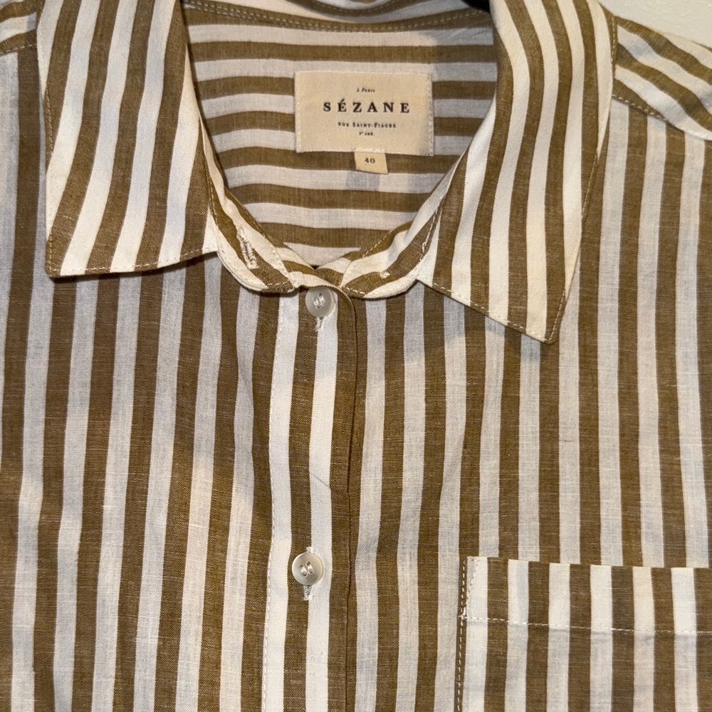 Sezane Tan and White Striped Button-Down Shirt - Picture 3 of 4